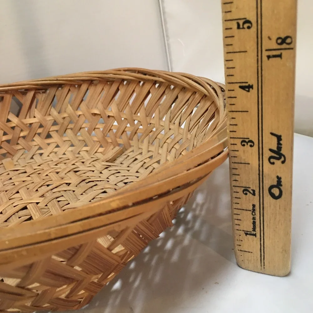 Woven Bamboo Basket Home Decor Medium Brown Round Lattice Design Cottagecore